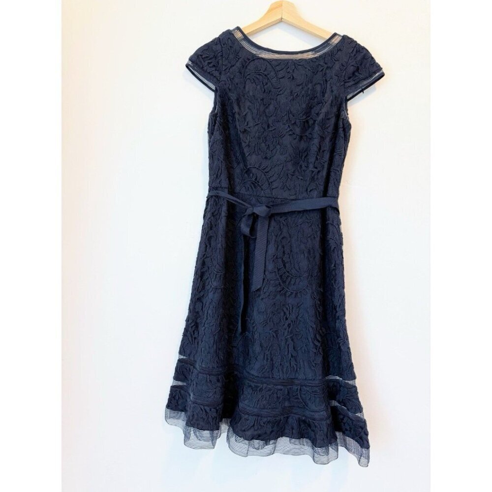 Adrianna Papell Lace Fit & Flare Dress Navy Blue women tie lance luxury size 6 - Picture 3 of 12